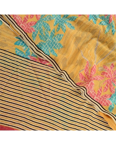Sanskriti Vintage Yellow Sarees Pure Georgette Silk Printed Sari Craft Fabric, PRG-2939-Yellow-Printed Floral Design-Pure Georgette Silk-1