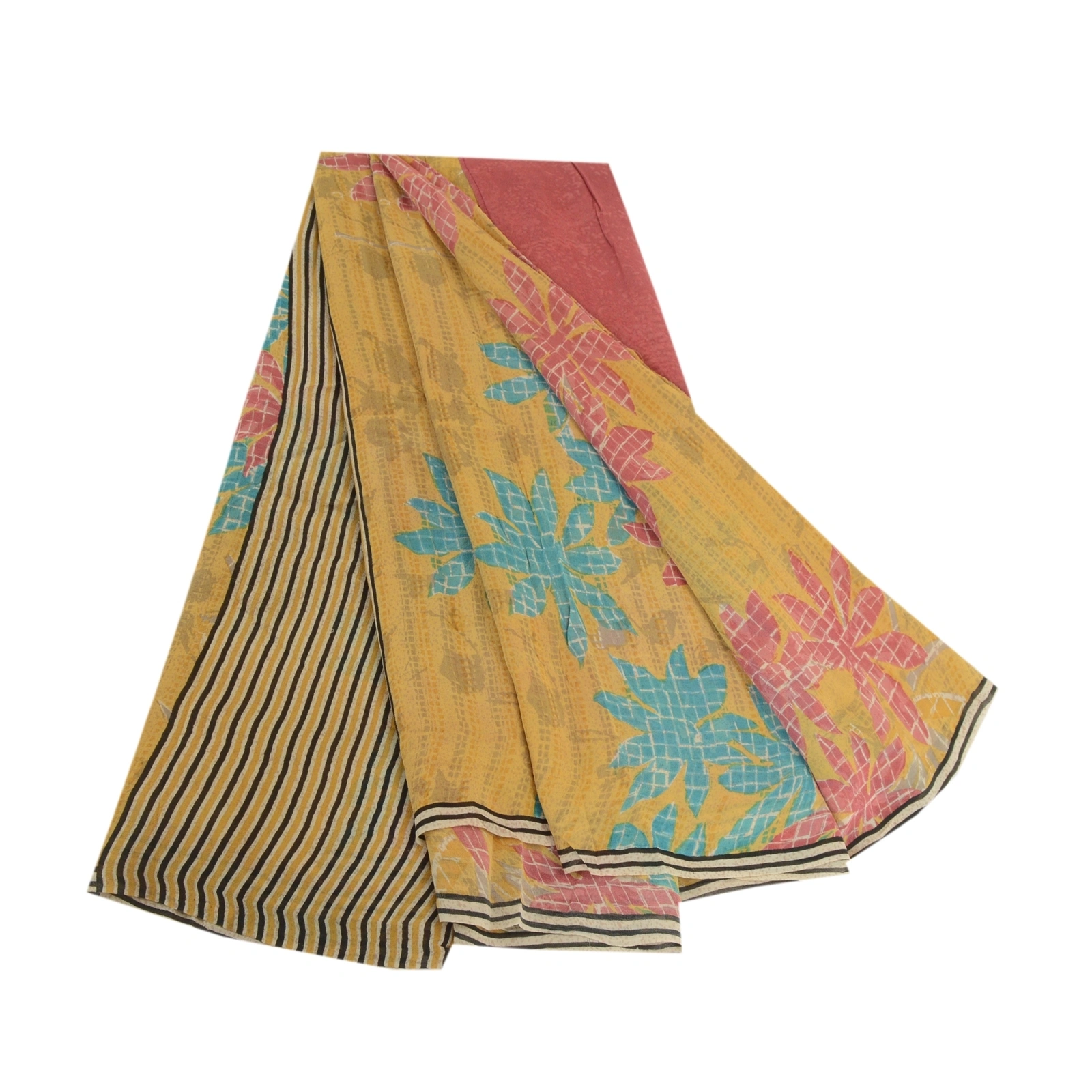 Sanskriti Vintage Yellow Sarees Pure Georgette Silk Printed Sari Craft Fabric, PRG-2939-Yellow-Printed Floral Design-Pure Georgette Silk-2