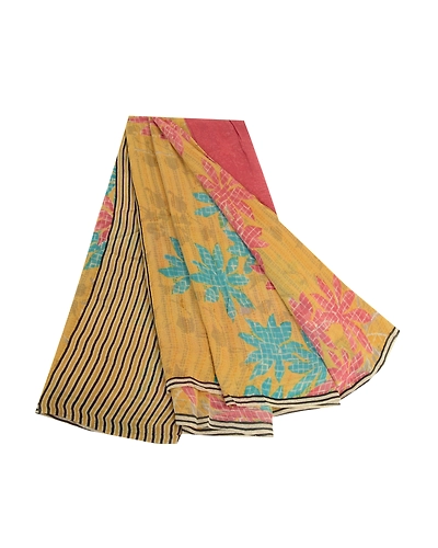 Sanskriti Vintage Yellow Sarees Pure Georgette Silk Printed Sari Craft Fabric, PRG-2939-Yellow-Printed Floral Design-Pure Georgette Silk-2
