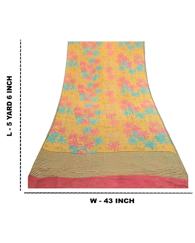 Sanskriti Vintage Yellow Sarees Pure Georgette Silk Printed Sari Craft Fabric, PRG-2939-Yellow-Printed Floral Design-Pure Georgette Silk-4