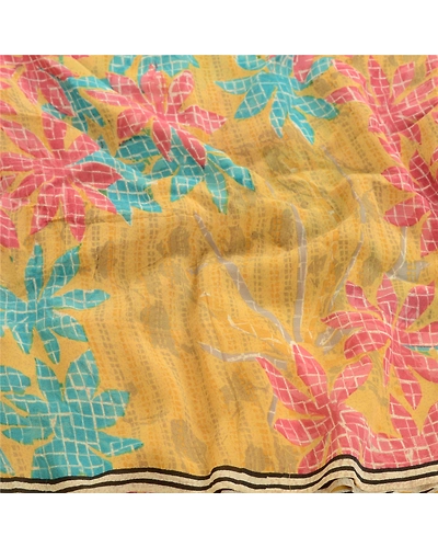 Sanskriti Vintage Yellow Sarees Pure Georgette Silk Printed Sari Craft Fabric, PRG-2939-Yellow-Printed Floral Design-Pure Georgette Silk-7