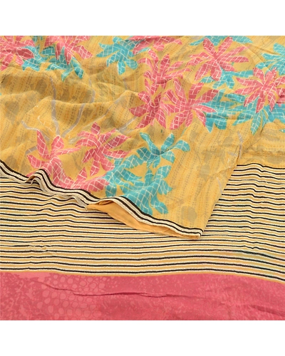 Sanskriti Vintage Yellow Sarees Pure Georgette Silk Printed Sari Craft Fabric, PRG-2939-Yellow-Printed Floral Design-Pure Georgette Silk-8