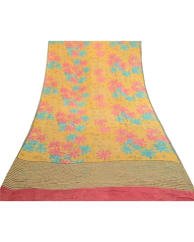 Sanskriti Vintage Yellow Sarees Pure Georgette Silk Printed Sari Craft Fabric, PRG-2939-Yellow-Printed Floral Design-Pure Georgette Silk-9