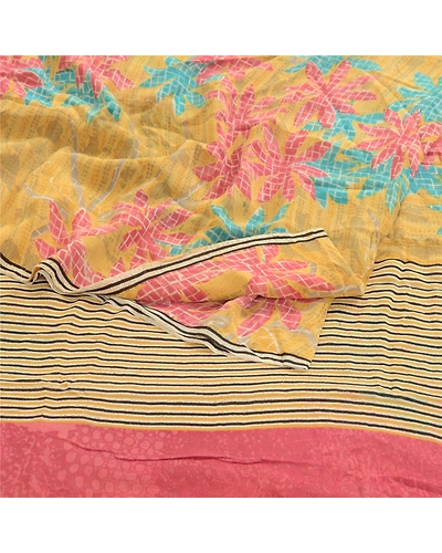 Sanskriti Vintage Yellow Sarees Pure Georgette Silk Printed Sari Craft Fabric, PRG-2939-Yellow-Printed Floral Design-Pure Georgette Silk-10