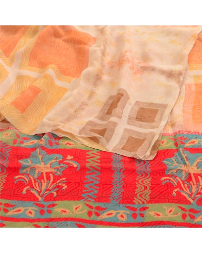 Sanskriti Vintage Cream Sarees Pure Georgette Silk Printed Sari Craft 5Yd Fabric, PRG-2961-Cream-Printed Floral Design-Pure Georgette Silk-8