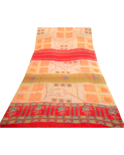 Sanskriti Vintage Cream Sarees Pure Georgette Silk Printed Sari Craft 5Yd Fabric, PRG-2961-Cream-Printed Floral Design-Pure Georgette Silk-9