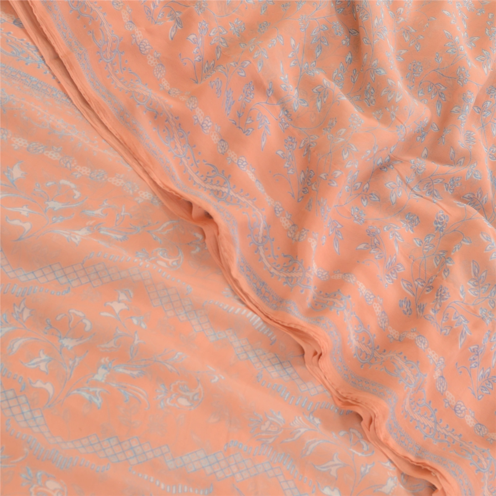 Sanskriti Vintage Peach Indian Sarees Printed Georgette Sari Craft Sewing Fabric, PRG-2981-Peach-Printed Floral Design-Poly Georgette-1