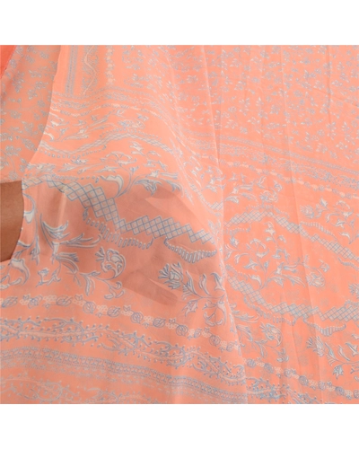 Sanskriti Vintage Peach Indian Sarees Printed Georgette Sari Craft Sewing Fabric, PRG-2981-Peach-Printed Floral Design-Poly Georgette-3