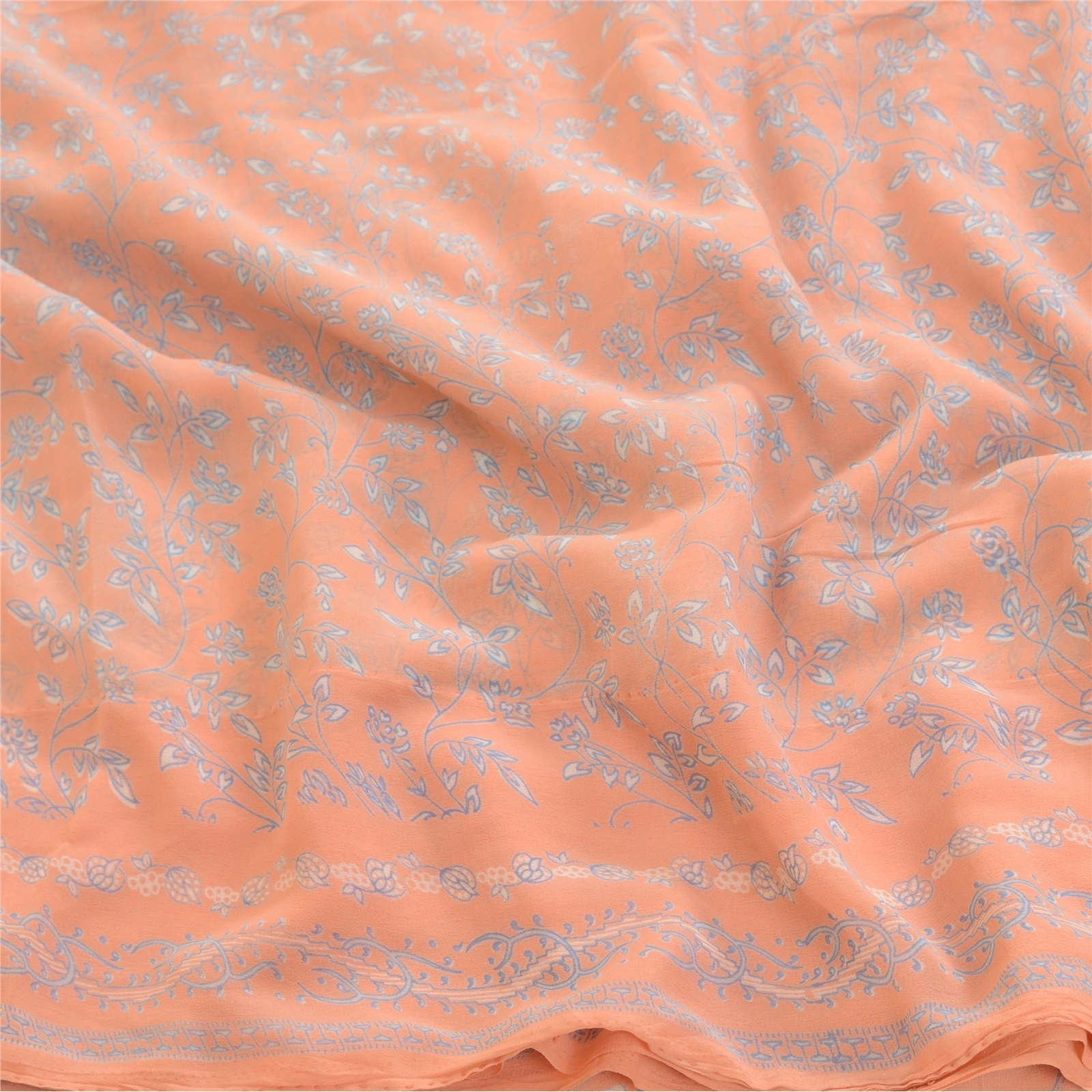 Sanskriti Vintage Peach Indian Sarees Printed Georgette Sari Craft Sewing Fabric, PRG-2981-Peach-Printed Floral Design-Poly Georgette-5