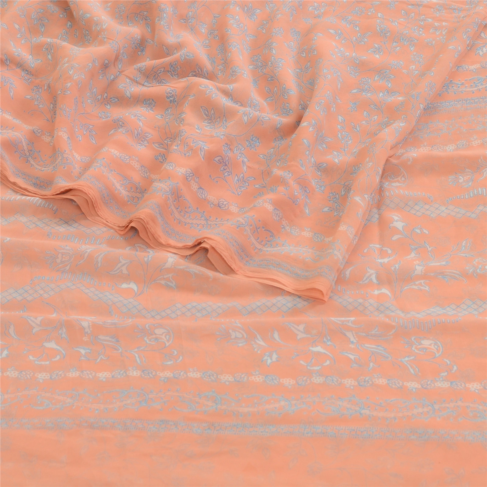 Sanskriti Vintage Peach Indian Sarees Printed Georgette Sari Craft Sewing Fabric, PRG-2981-Peach-Printed Floral Design-Poly Georgette-6