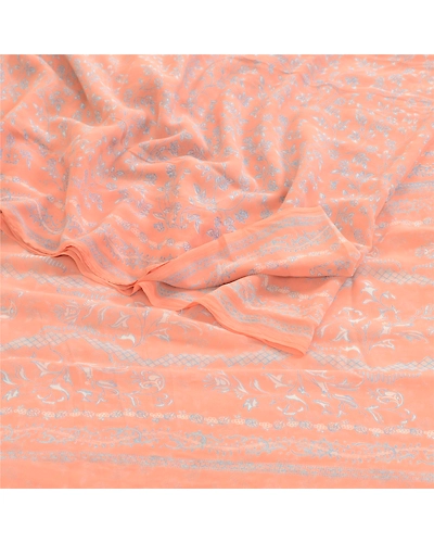 Sanskriti Vintage Peach Indian Sarees Printed Georgette Sari Craft Sewing Fabric, PRG-2981-Peach-Printed Floral Design-Poly Georgette-8