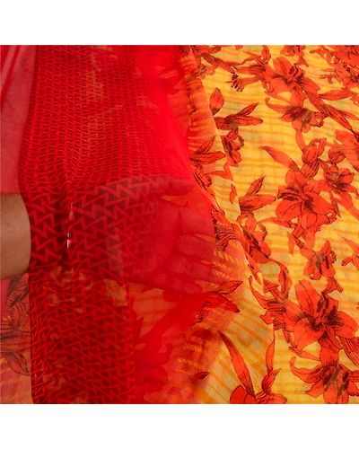 Sanskriti Vintage Yellow Indian Sarees Printed Georgette Sari Craft 5Yard Fabric, PRG-3007-Yellow-Printed Floral Design-Poly Georgette-4