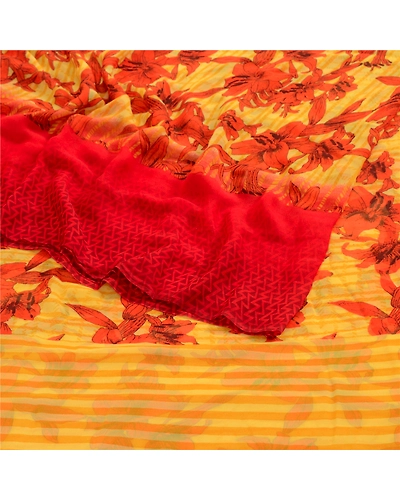 Sanskriti Vintage Yellow Indian Sarees Printed Georgette Sari Craft 5Yard Fabric, PRG-3007-Yellow-Printed Floral Design-Poly Georgette-7