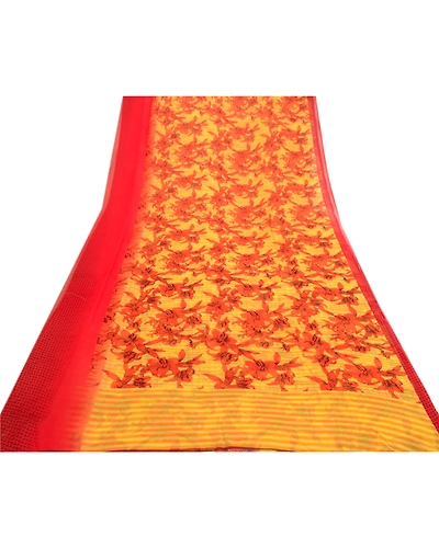 Sanskriti Vintage Yellow Indian Sarees Printed Georgette Sari Craft 5Yard Fabric, PRG-3007-Yellow-Printed Floral Design-Poly Georgette-8