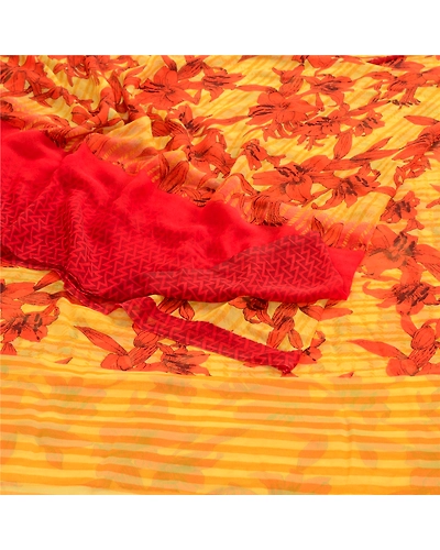 Sanskriti Vintage Yellow Indian Sarees Printed Georgette Sari Craft 5Yard Fabric, PRG-3007-Yellow-Printed Floral Design-Poly Georgette-9
