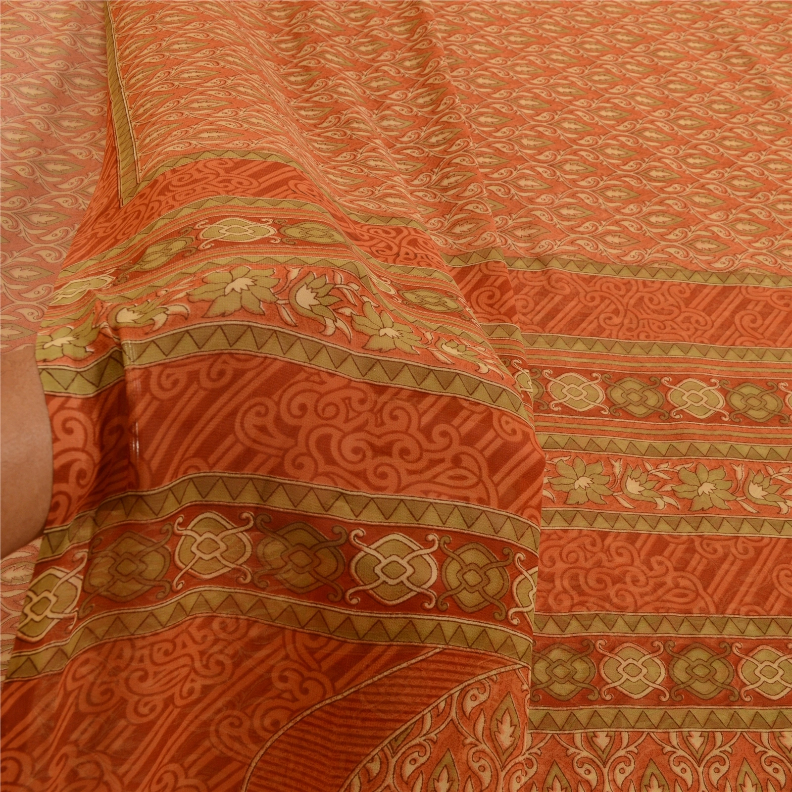 Sanskriti Vintage Rusty Orange Sarees Georgette Printed Sari Craft 5 Yard Fabric, PRG-3045-Rusty Orange-Printed Floral Design-Poly Georgette-4