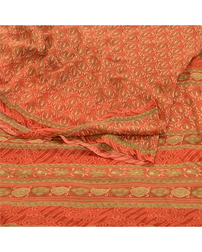 Sanskriti Vintage Rusty Orange Sarees Georgette Printed Sari Craft 5 Yard Fabric, PRG-3045-Rusty Orange-Printed Floral Design-Poly Georgette-9