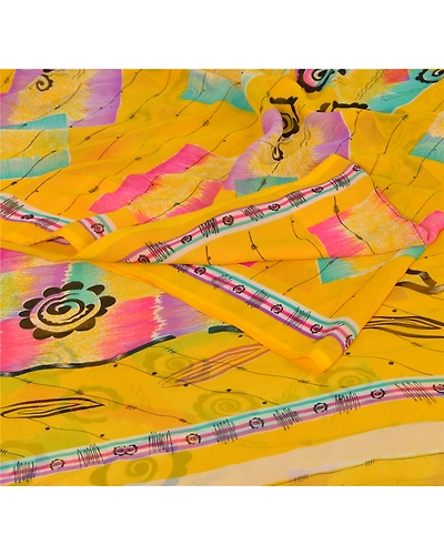 Sanskriti Vintage Yellow Sarees Blend Georgette Printed Sari Craft 5 Yard Fabric, PRG-3053-Yellow-Printed Floral Design-Blend Georgette-1