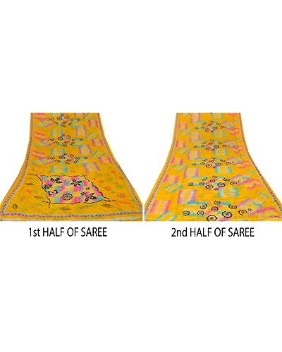 Sanskriti Vintage Yellow Sarees Blend Georgette Printed Sari Craft 5 Yard Fabric, PRG-3053-Yellow-Printed Floral Design-Blend Georgette-3