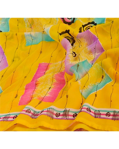 Sanskriti Vintage Yellow Sarees Blend Georgette Printed Sari Craft 5 Yard Fabric, PRG-3053-Yellow-Printed Floral Design-Blend Georgette-4