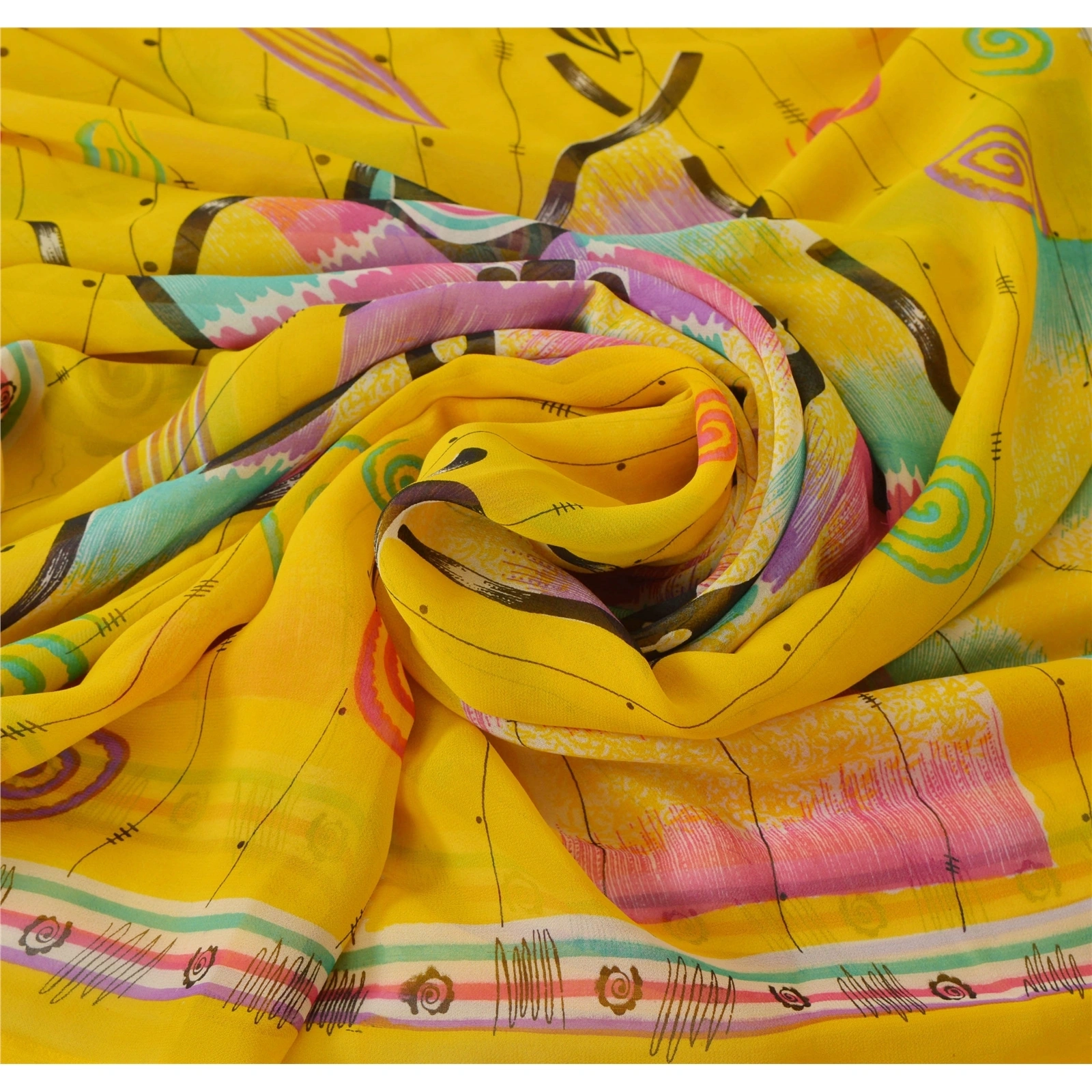 Sanskriti Vintage Yellow Sarees Blend Georgette Printed Sari Craft 5 Yard Fabric, PRG-3053-Yellow-Printed Floral Design-Blend Georgette-5