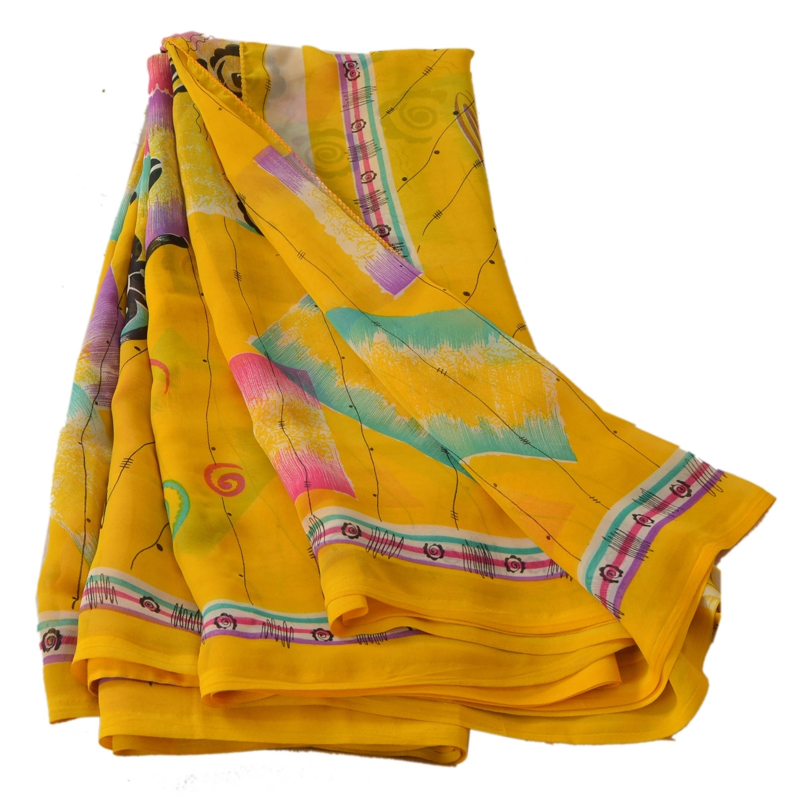 Sanskriti Vintage Yellow Sarees Blend Georgette Printed Sari Craft 5 Yard Fabric, PRG-3053-Yellow-Printed Floral Design-Blend Georgette-6