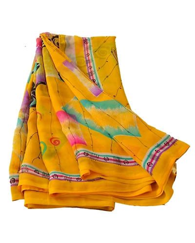 Sanskriti Vintage Yellow Sarees Blend Georgette Printed Sari Craft 5 Yard Fabric, PRG-3053-Yellow-Printed Floral Design-Blend Georgette-6