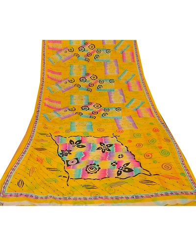 Sanskriti Vintage Yellow Sarees Blend Georgette Printed Sari Craft 5 Yard Fabric, PRG-3053-Yellow-Printed Floral Design-Blend Georgette-7