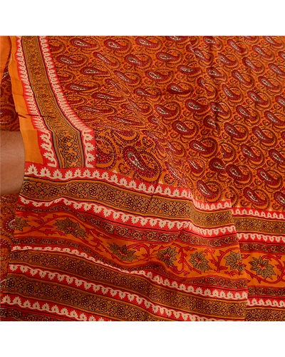 Sanskriti Vintage Orange Sarees Pure Georgette Silk Printed Sari Craft Fabric, PRG-3110-Orange-Printed Paisley Design-Pure Georgette Silk-4
