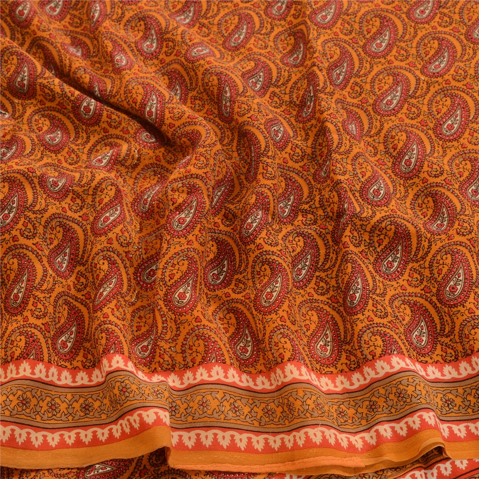 Sanskriti Vintage Orange Sarees Pure Georgette Silk Printed Sari Craft Fabric, PRG-3110-Orange-Printed Paisley Design-Pure Georgette Silk-6