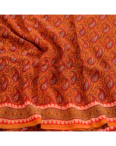 Sanskriti Vintage Orange Sarees Pure Georgette Silk Printed Sari Craft Fabric, PRG-3110-Orange-Printed Paisley Design-Pure Georgette Silk-6