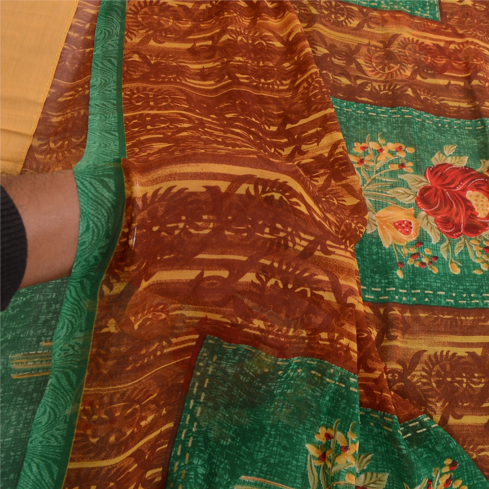 Sanskriti Vintage From India Brown Sarees Georgette Printed Sari Craft Fabric, PRG-3124-Brown-Printed Floral Design-Poly Georgette-4