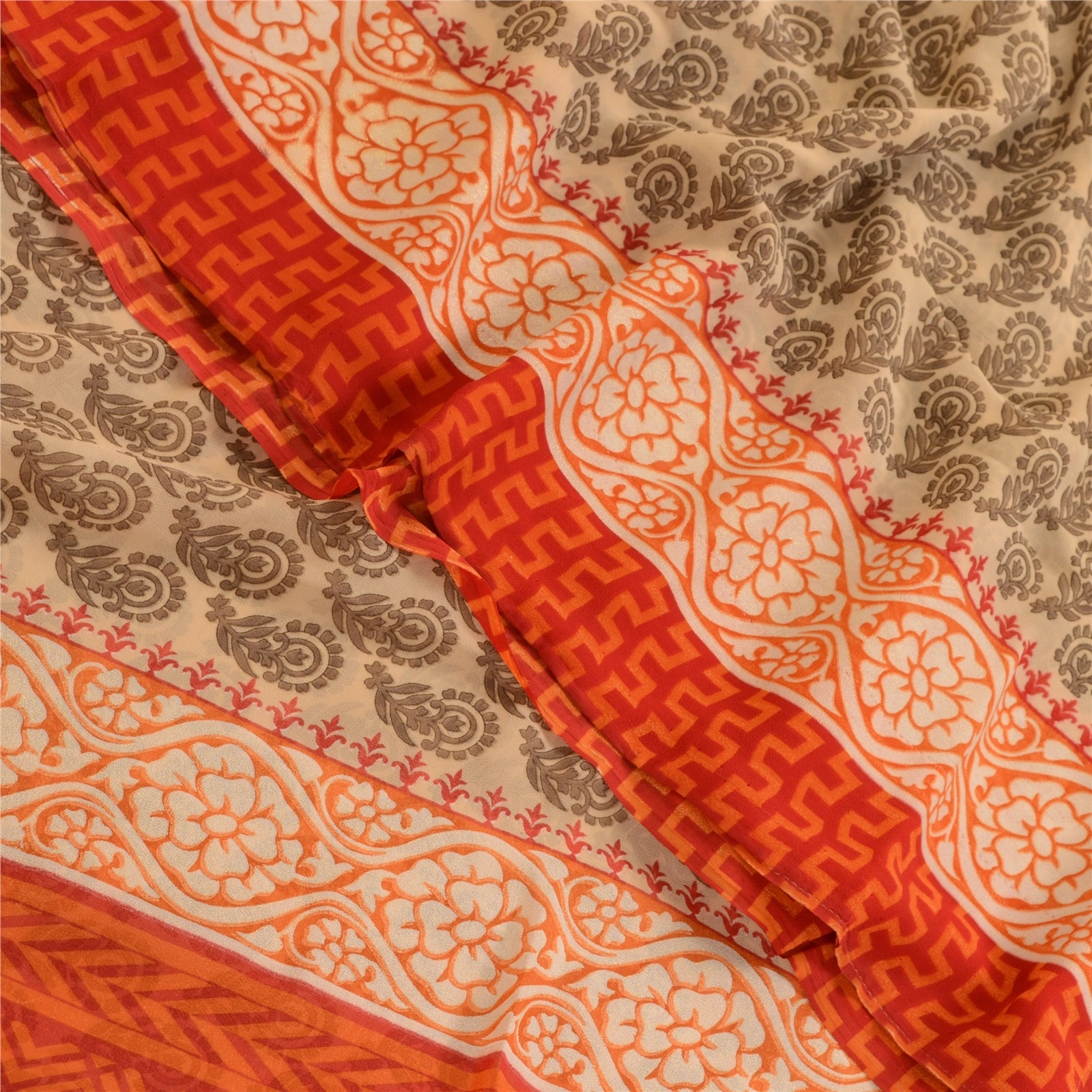 Sanskriti Vintage Orange Sarees Georgette Printed 5 Yard Sari Craft Fabric, PRG-3163-Orange-Printed Floral Design-Poly Georgette-1