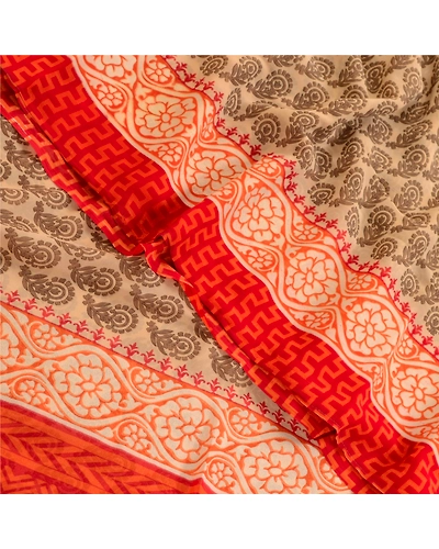 Sanskriti Vintage Orange Sarees Georgette Printed 5 Yard Sari Craft Fabric, PRG-3163-Orange-Printed Floral Design-Poly Georgette-1