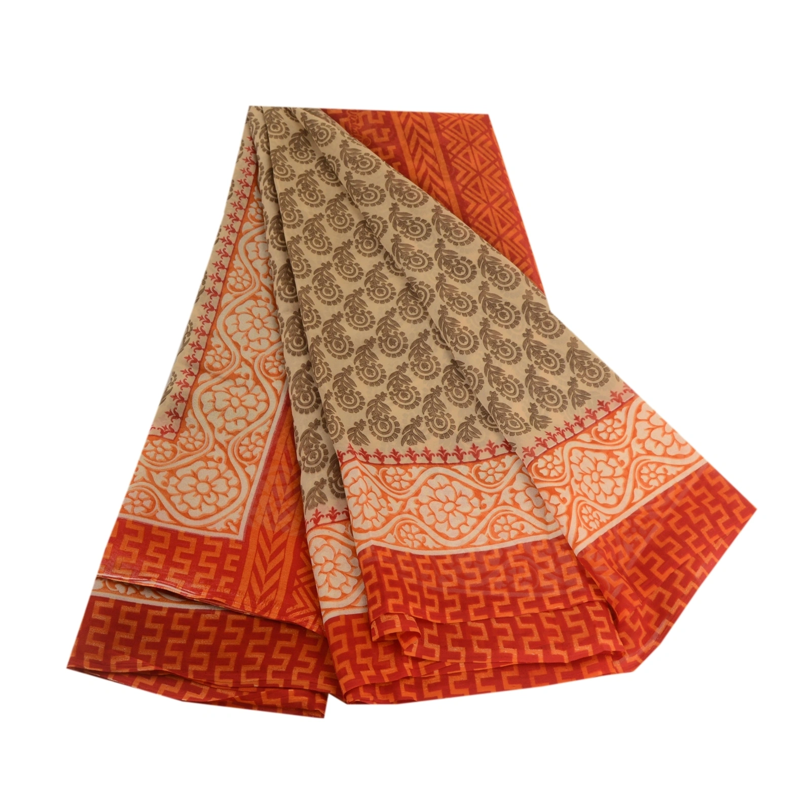 Sanskriti Vintage Orange Sarees Georgette Printed 5 Yard Sari Craft Fabric, PRG-3163-Orange-Printed Floral Design-Poly Georgette-2