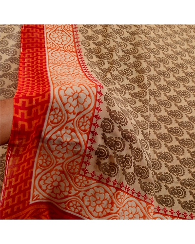 Sanskriti Vintage Orange Sarees Georgette Printed 5 Yard Sari Craft Fabric, PRG-3163-Orange-Printed Floral Design-Poly Georgette-4