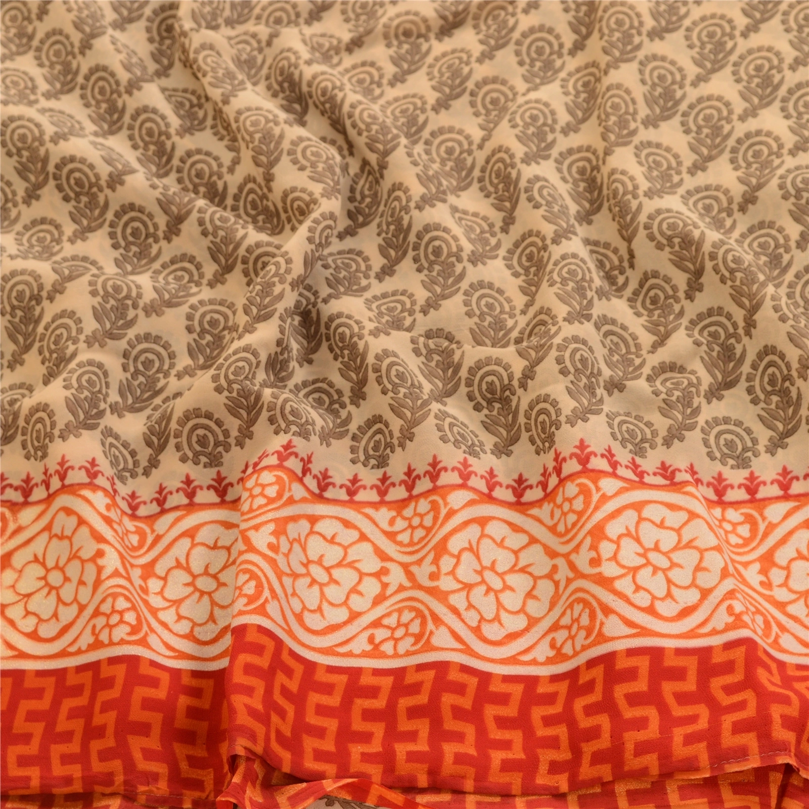 Sanskriti Vintage Orange Sarees Georgette Printed 5 Yard Sari Craft Fabric, PRG-3163-Orange-Printed Floral Design-Poly Georgette-6