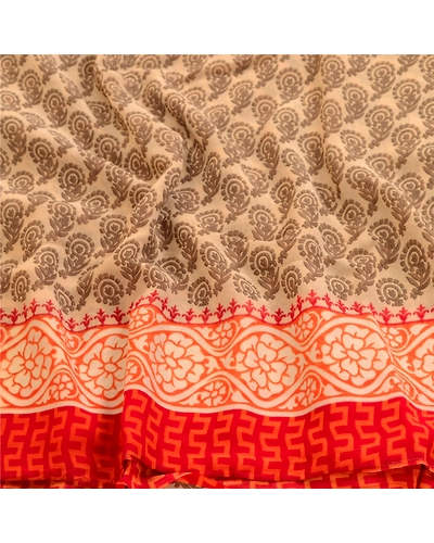 Sanskriti Vintage Orange Sarees Georgette Printed 5 Yard Sari Craft Fabric, PRG-3163-Orange-Printed Floral Design-Poly Georgette-6