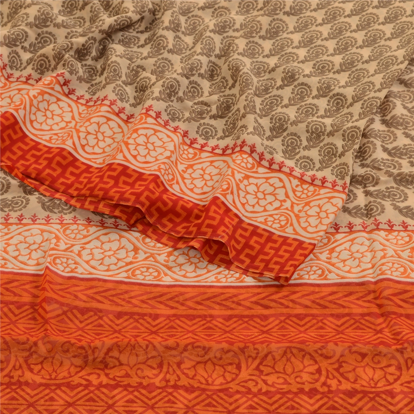 Sanskriti Vintage Orange Sarees Georgette Printed 5 Yard Sari Craft Fabric, PRG-3163-Orange-Printed Floral Design-Poly Georgette-7