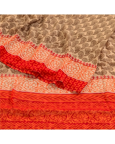 Sanskriti Vintage Orange Sarees Georgette Printed 5 Yard Sari Craft Fabric, PRG-3163-Orange-Printed Floral Design-Poly Georgette-7