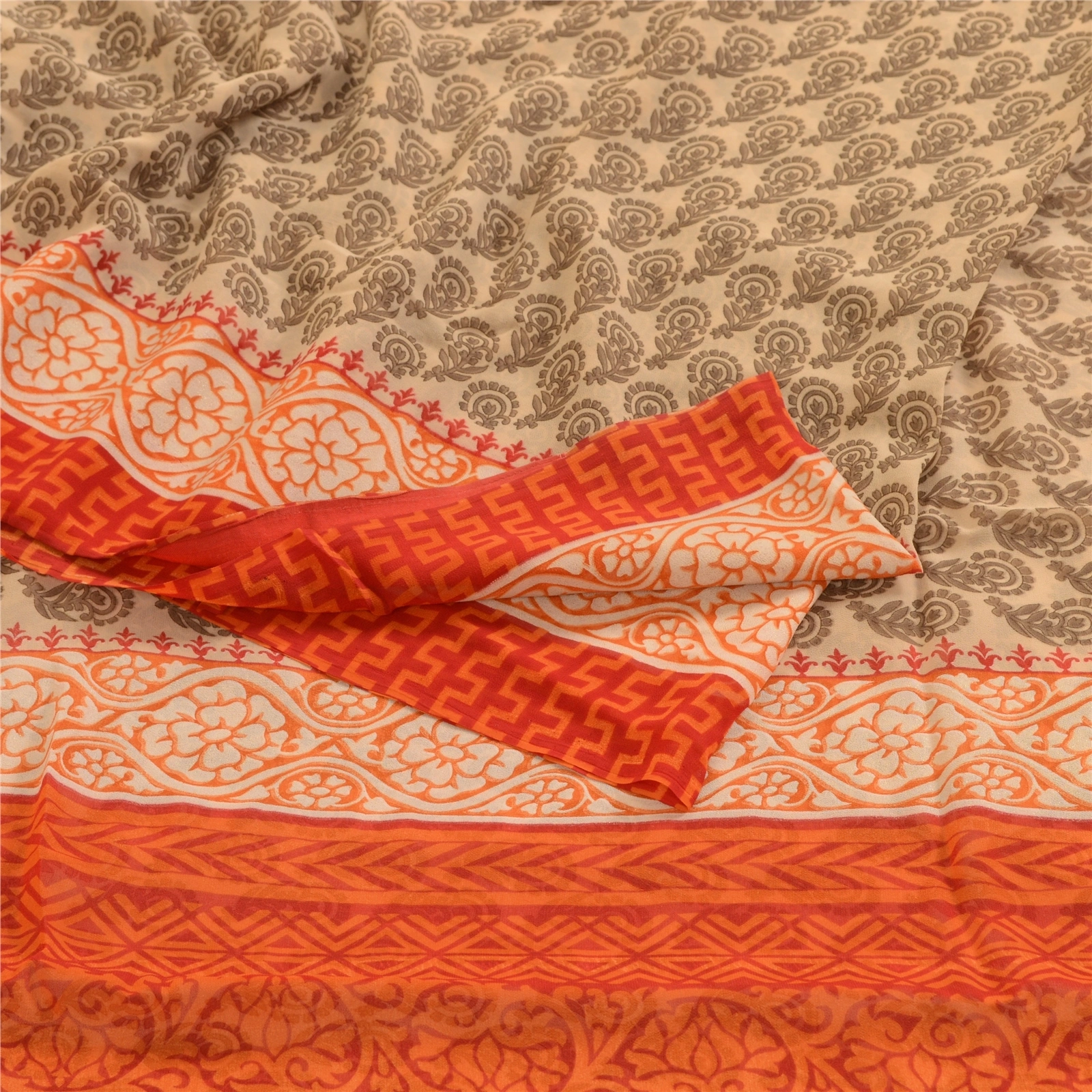 Sanskriti Vintage Orange Sarees Georgette Printed 5 Yard Sari Craft Fabric, PRG-3163-Orange-Printed Floral Design-Poly Georgette-9