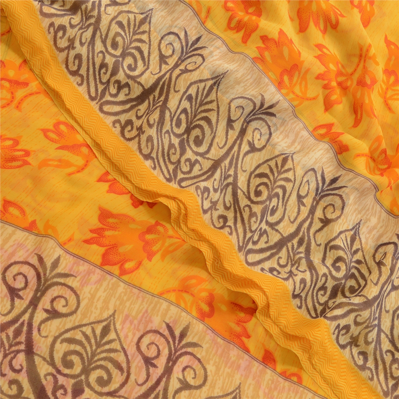 Sanskriti Vintage Yellow Indian Sarees Georgette Printed 5Yd Sari Craft Fabric, PRG-3198-Yellow-Printed Floral Design-Poly Georgette-1