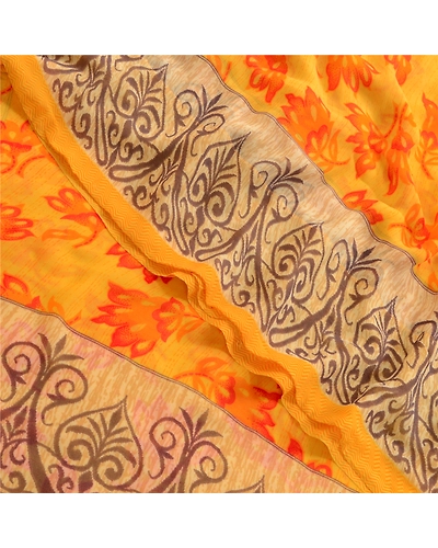 Sanskriti Vintage Yellow Indian Sarees Georgette Printed 5Yd Sari Craft Fabric, PRG-3198-Yellow-Printed Floral Design-Poly Georgette-1