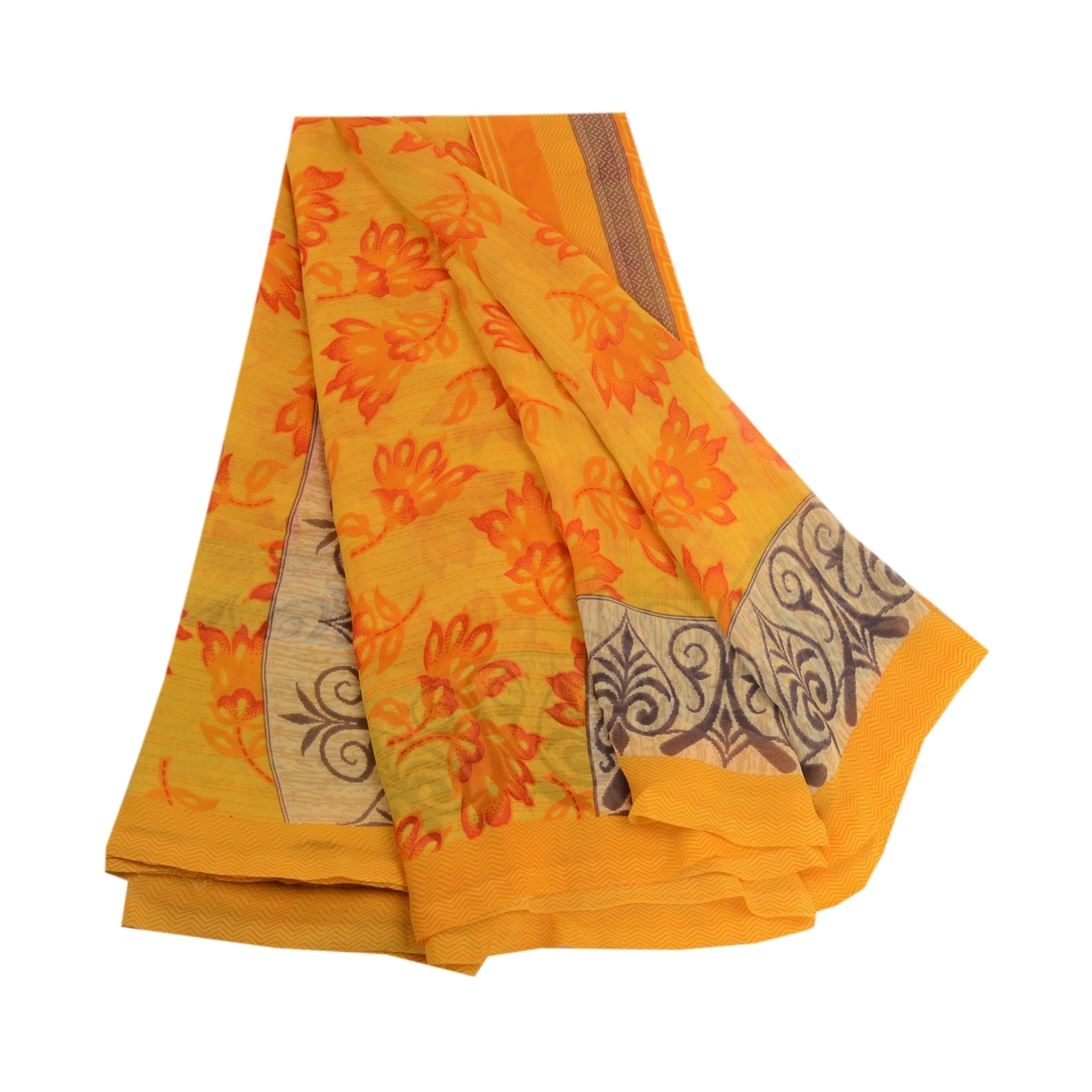 Sanskriti Vintage Yellow Indian Sarees Georgette Printed 5Yd Sari Craft Fabric, PRG-3198-Yellow-Printed Floral Design-Poly Georgette-2