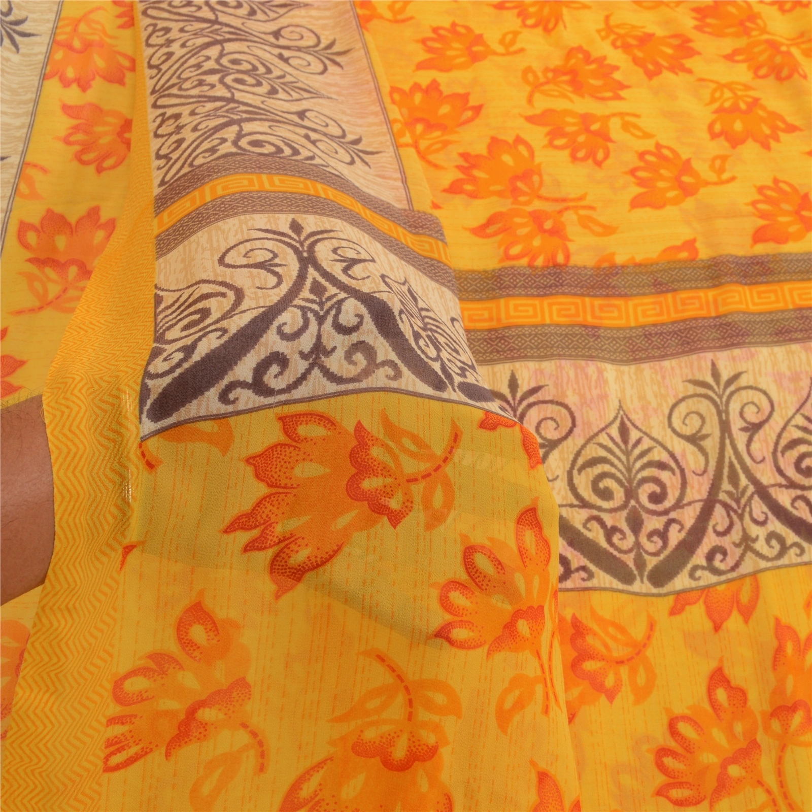 Sanskriti Vintage Yellow Indian Sarees Georgette Printed 5Yd Sari Craft Fabric, PRG-3198-Yellow-Printed Floral Design-Poly Georgette-4