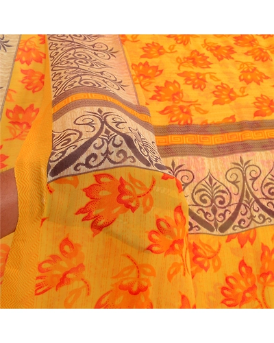 Sanskriti Vintage Yellow Indian Sarees Georgette Printed 5Yd Sari Craft Fabric, PRG-3198-Yellow-Printed Floral Design-Poly Georgette-4