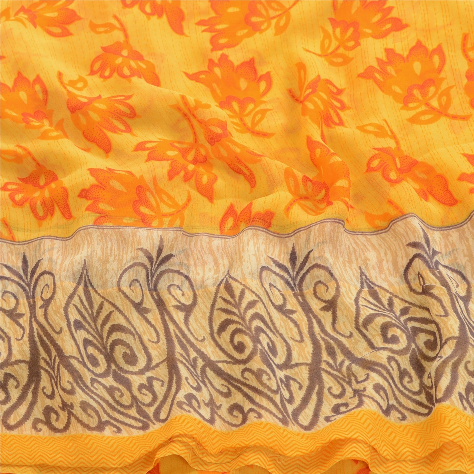 Sanskriti Vintage Yellow Indian Sarees Georgette Printed 5Yd Sari Craft Fabric, PRG-3198-Yellow-Printed Floral Design-Poly Georgette-6