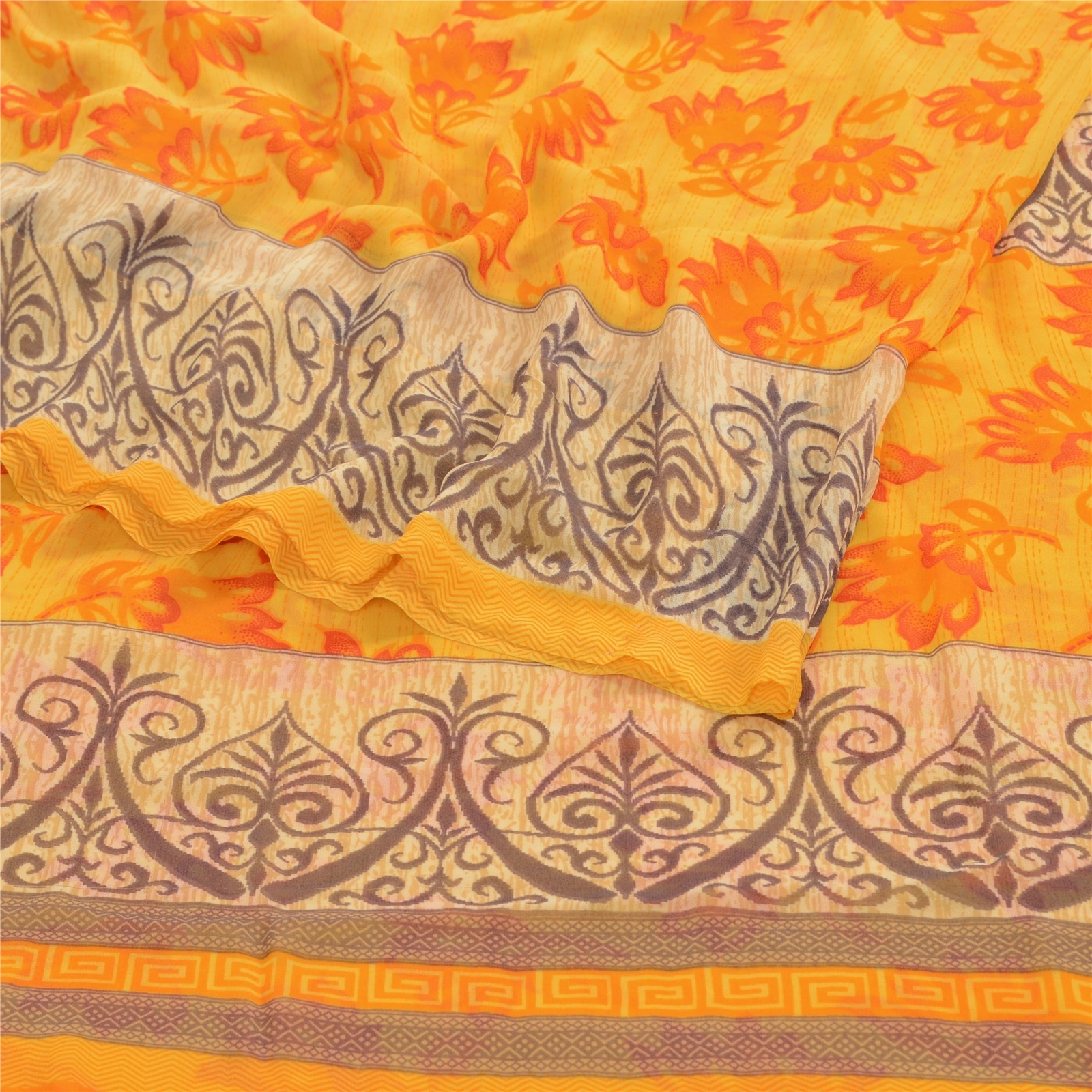 Sanskriti Vintage Yellow Indian Sarees Georgette Printed 5Yd Sari Craft Fabric, PRG-3198-Yellow-Printed Floral Design-Poly Georgette-7