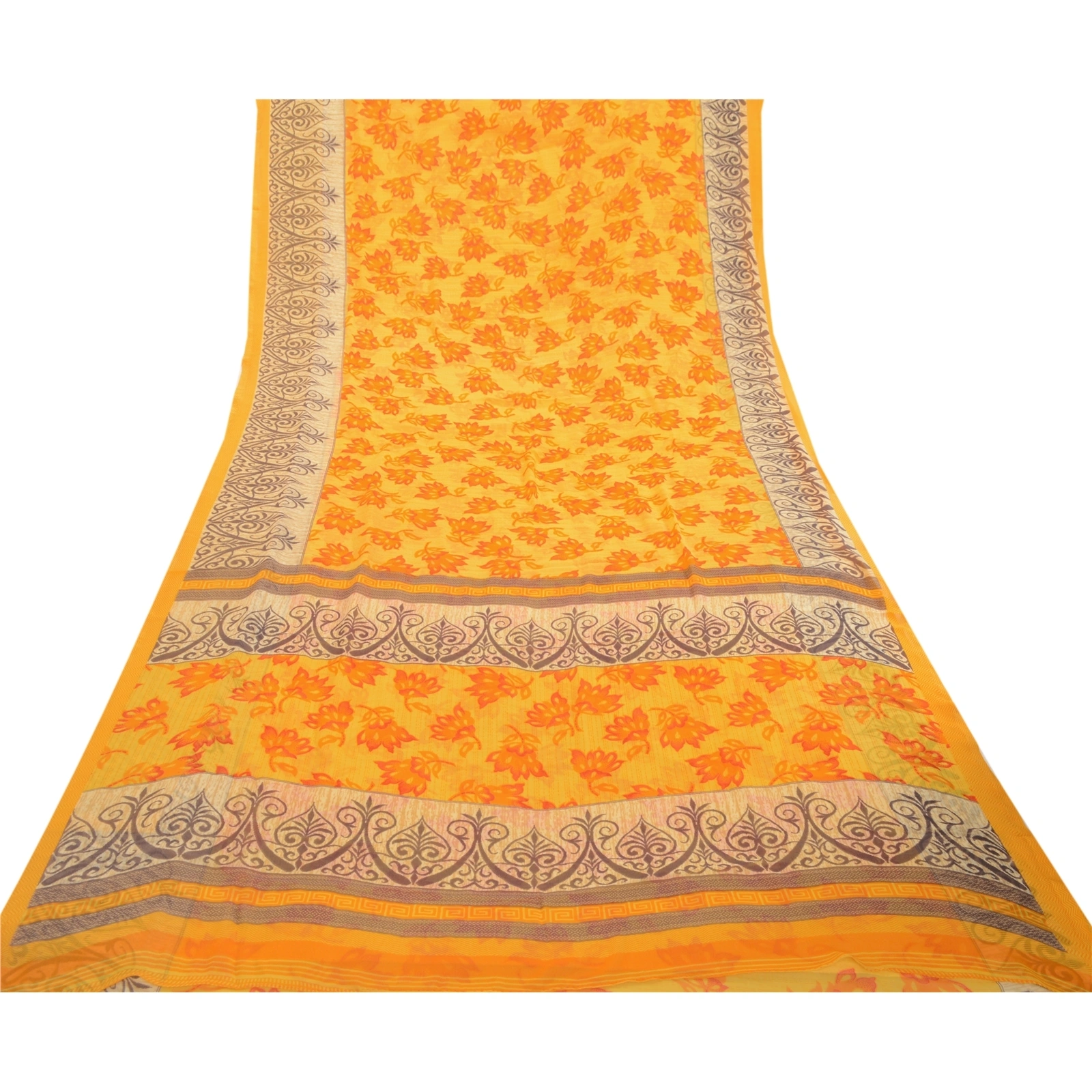 Sanskriti Vintage Yellow Indian Sarees Georgette Printed 5Yd Sari Craft Fabric, PRG-3198-Yellow-Printed Floral Design-Poly Georgette-8