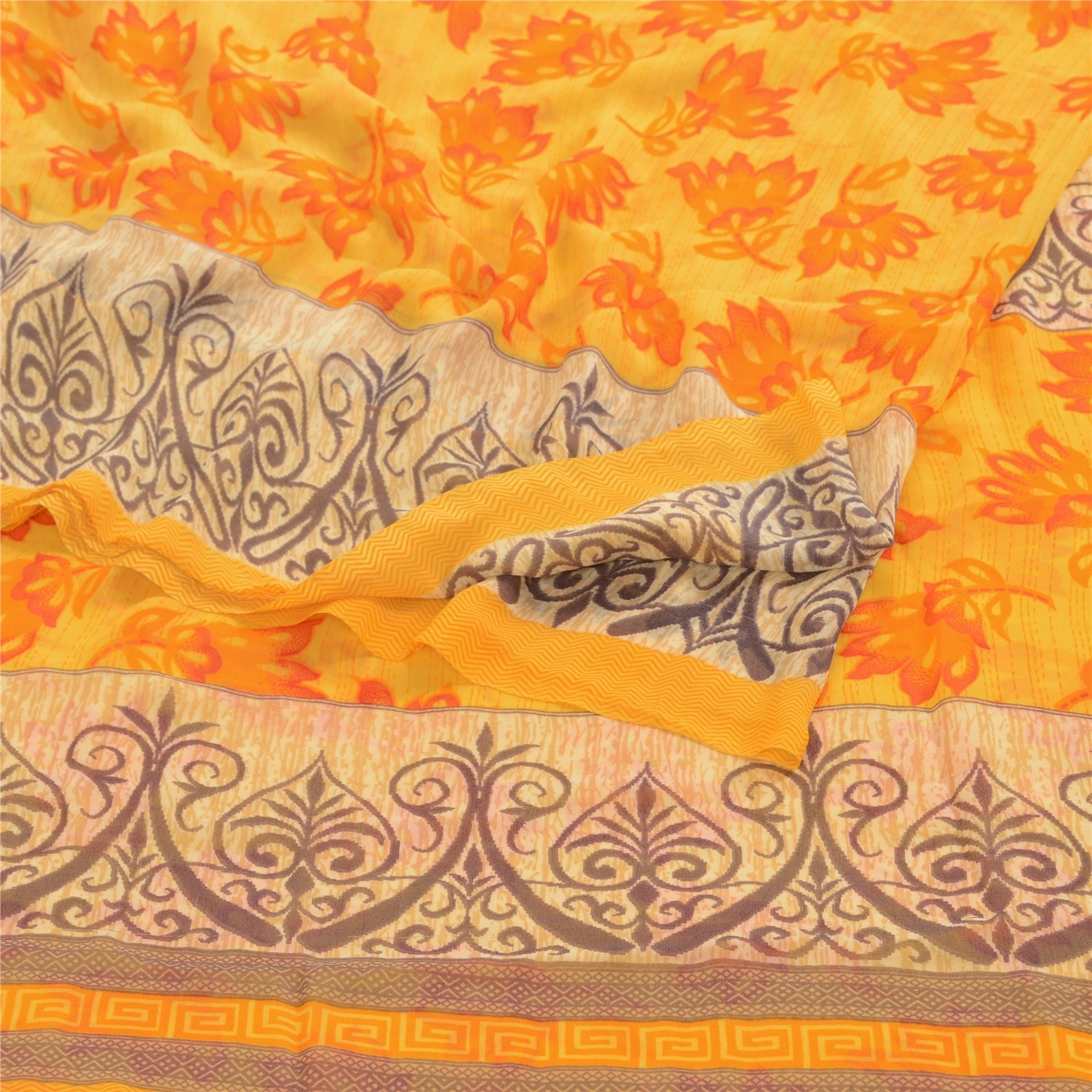 Sanskriti Vintage Yellow Indian Sarees Georgette Printed 5Yd Sari Craft Fabric, PRG-3198-Yellow-Printed Floral Design-Poly Georgette-9